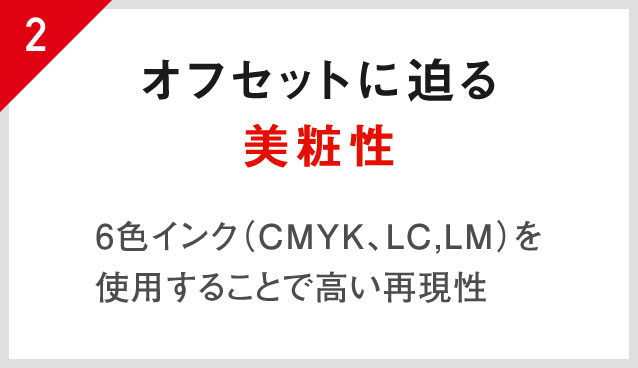 2.オフセットに迫る美粧性 6色インク(CMYK、LC,LM)を使用することで高い再現性